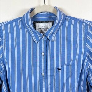 Abercrombie & Fitch L/S Button Up Shirt Women's L Blue White Stripe Moose Logo